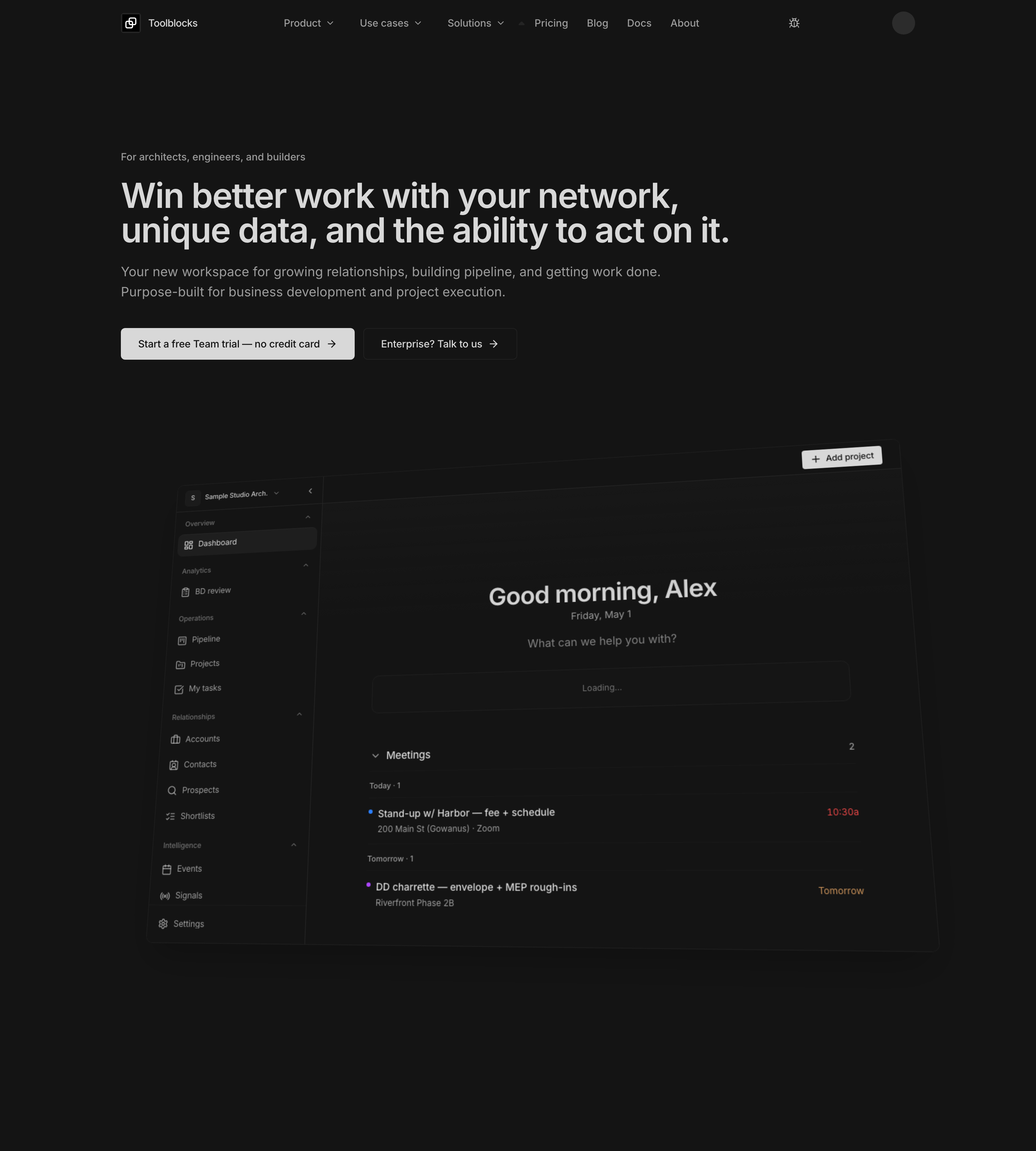 Toolblocks homepage showing the shared BD workspace